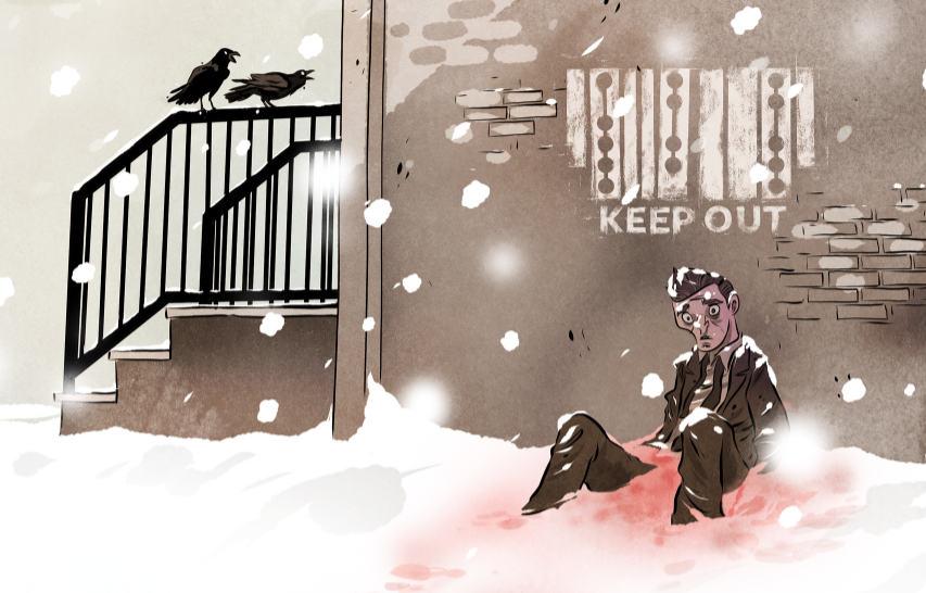 A bleeding man slumped in the snow against a brick building with stenciled text in Clickwise and English reading "KEEP OUT"