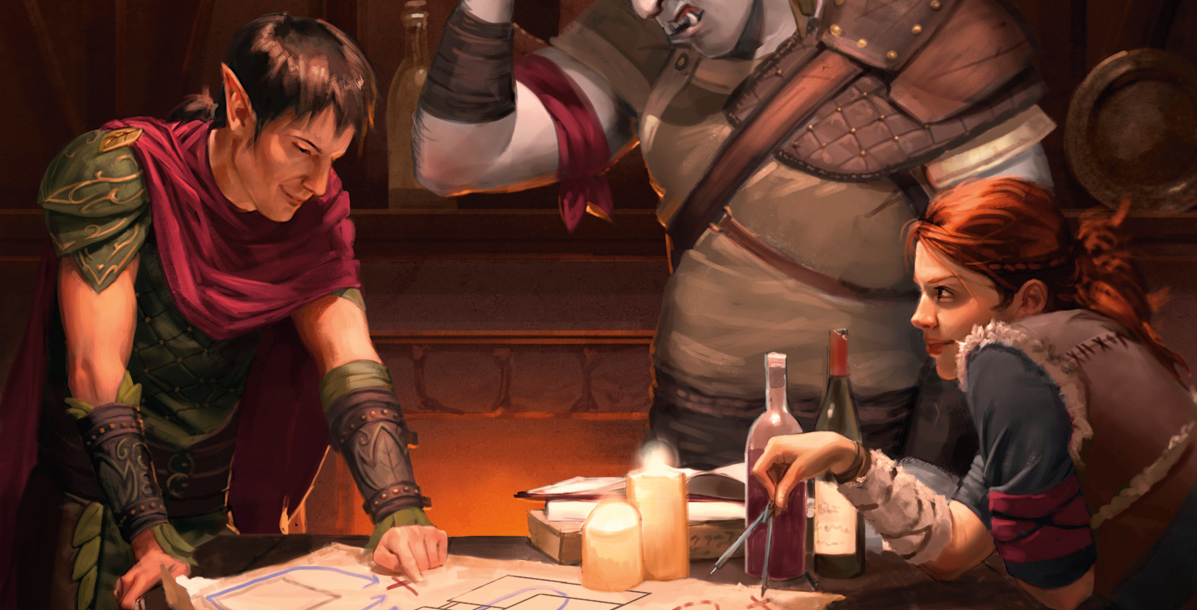 A trio of adventurers in a tavern consulting a map by candlelight